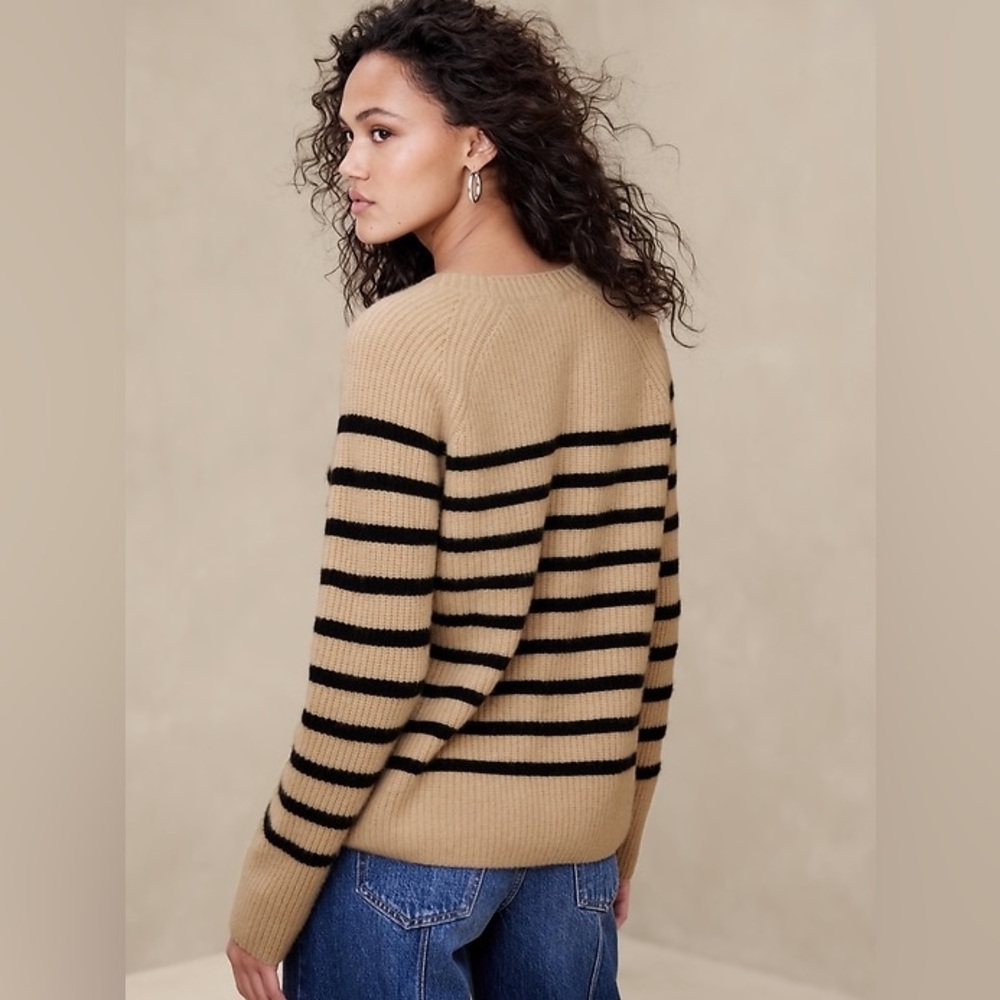 Banana republic 100% Cashmere Luna Ribbed Sweater in Camel Stripe women size XL